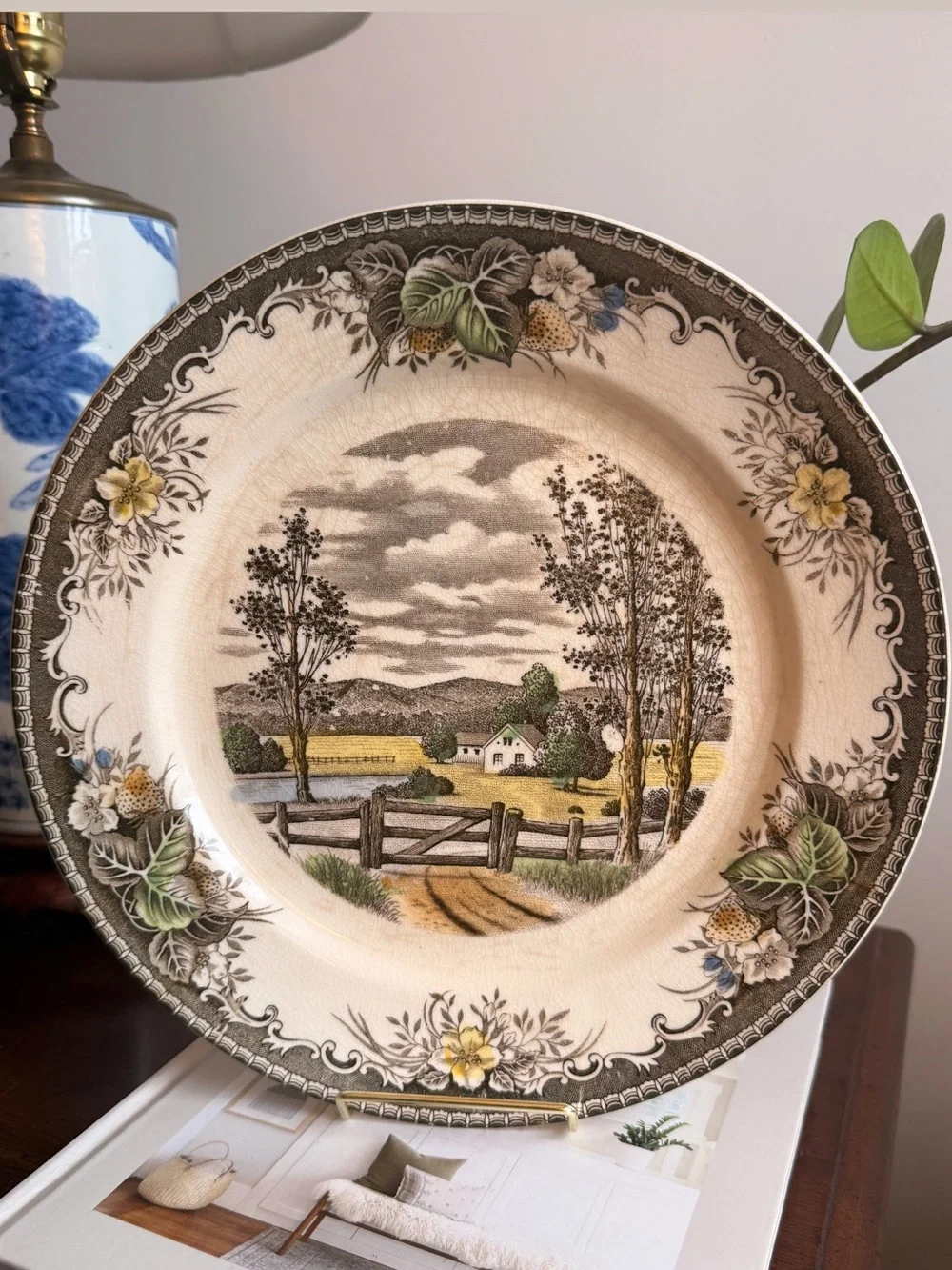 Vintage Scenic Farmhouse Decorative Dinner Plate - Cream, Brown, Green